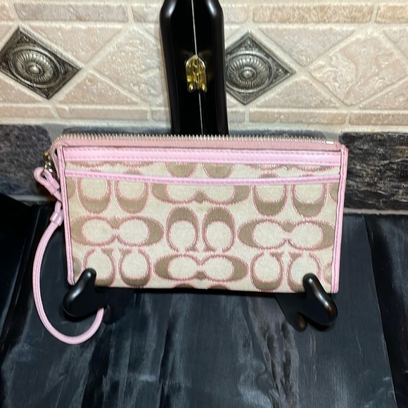 EUC Coach Poppy wallet wristlet in tan and pink canvas with silver accents - Picture 2 of 8